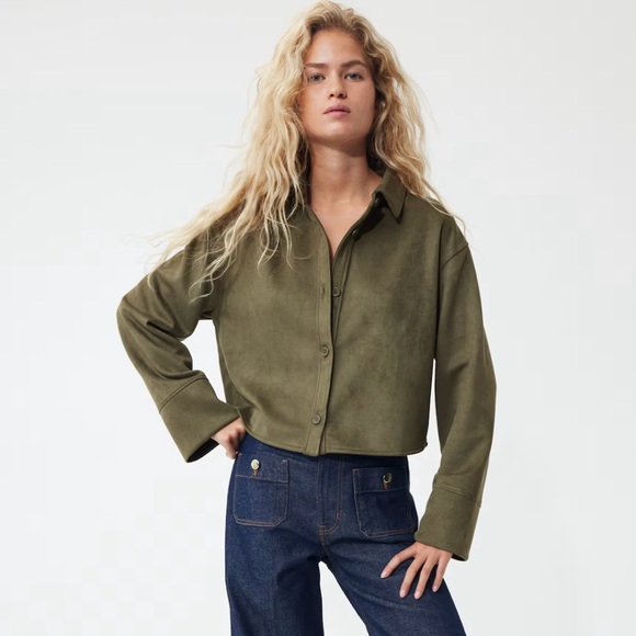 New With Tag H&M Olive Loose-Fit Cropped Shirt - Picture 2 of 8